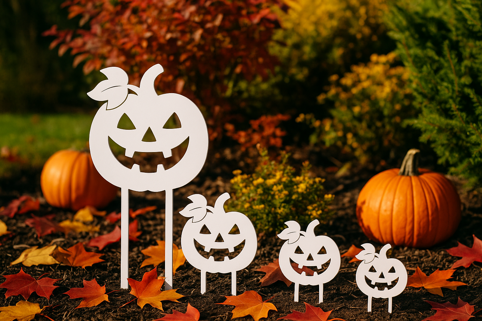 Vier weiße Halloween-Gartenstecker in Kürbisform in verschiedenen Größen, aufgestellt zwischen bunten Herbstblättern und Kürbissen im Garten.